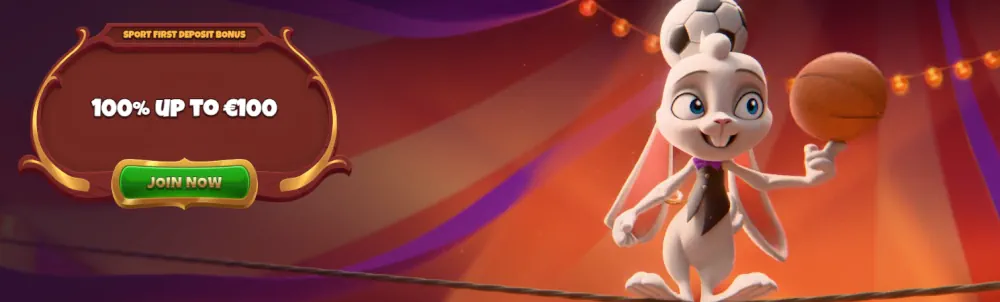 Banner de bonificación de Magius Sports con un personaje de conejo y oferta de 100% de coincidencia